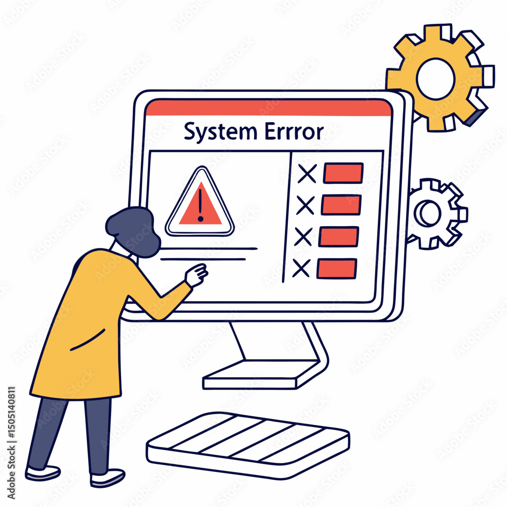 Poster vector illustration of desktop computer showing system error, isolated on white background