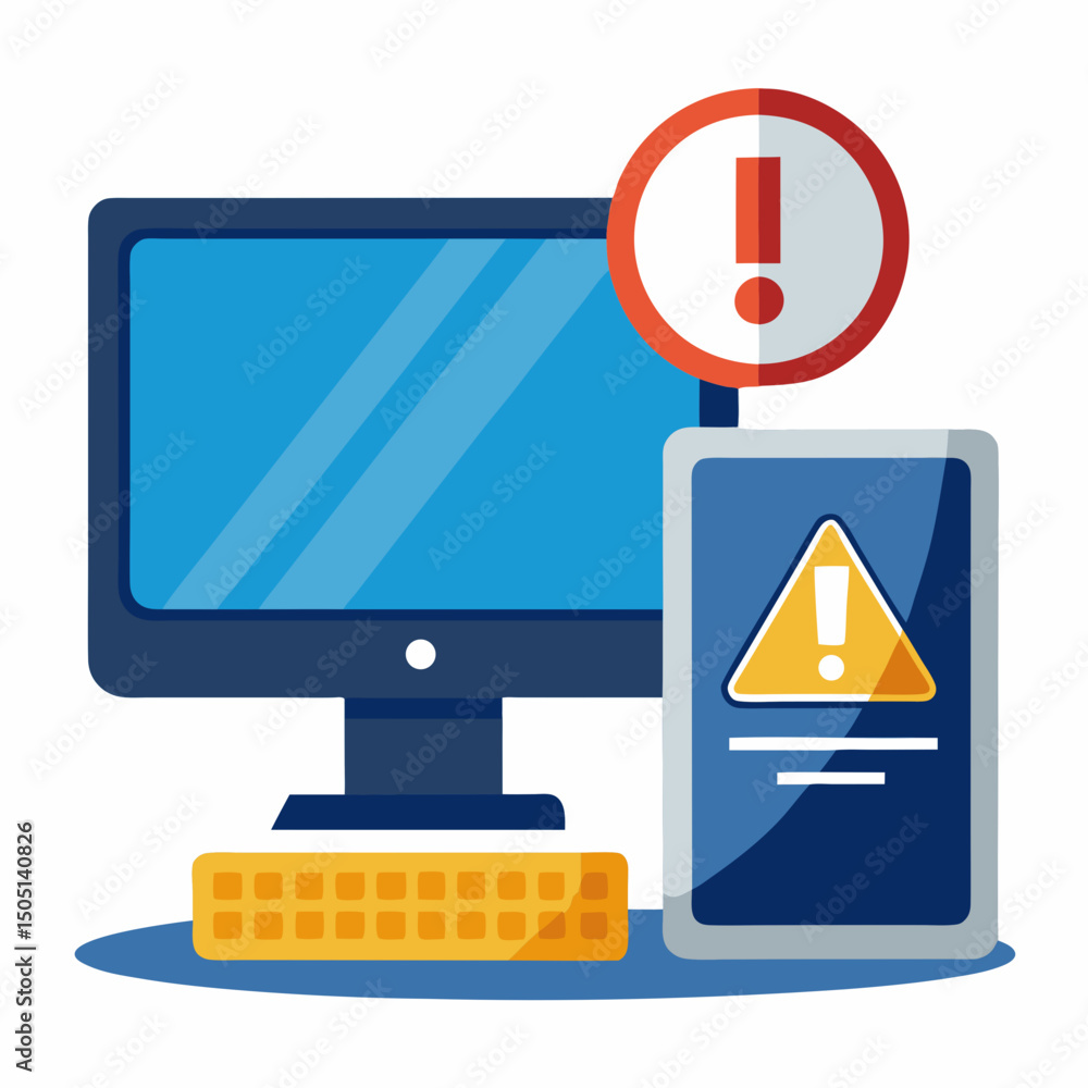 Poster vector illustration of desktop computer showing system error, isolated on white background