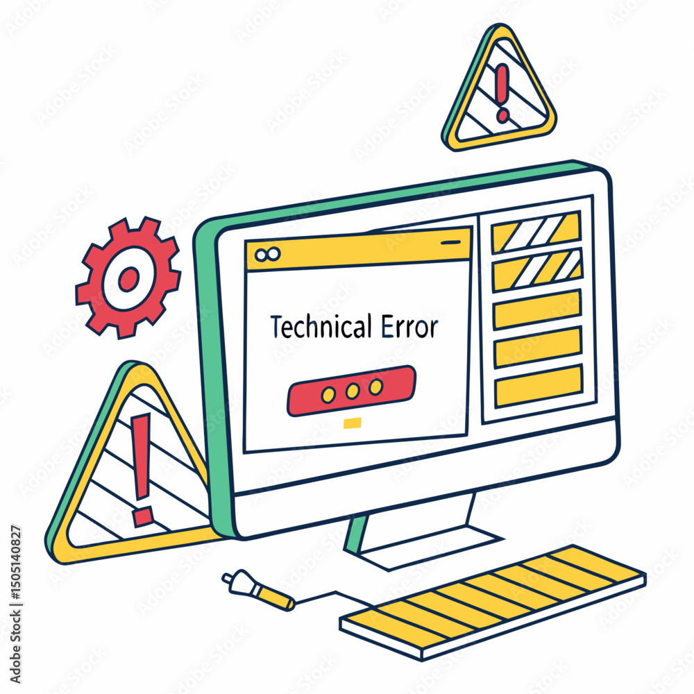 Poster vector illustration of desktop computer showing system error, isolated on white background