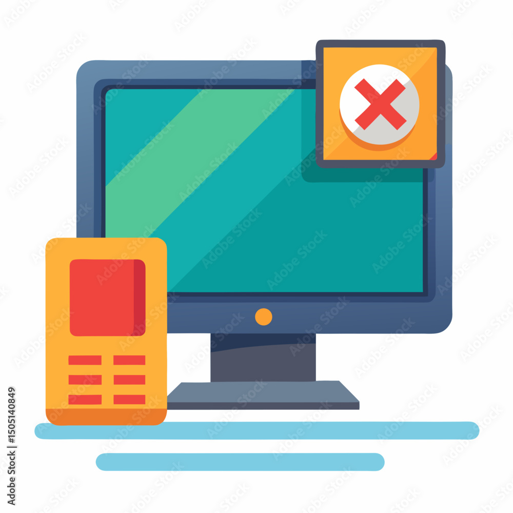 Poster vector illustration of desktop computer showing system error, isolated on white background