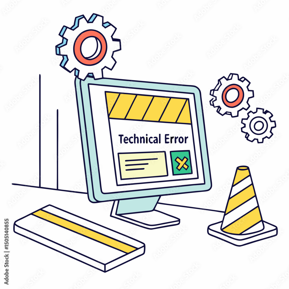 Poster vector illustration of desktop computer showing system error, isolated on white background