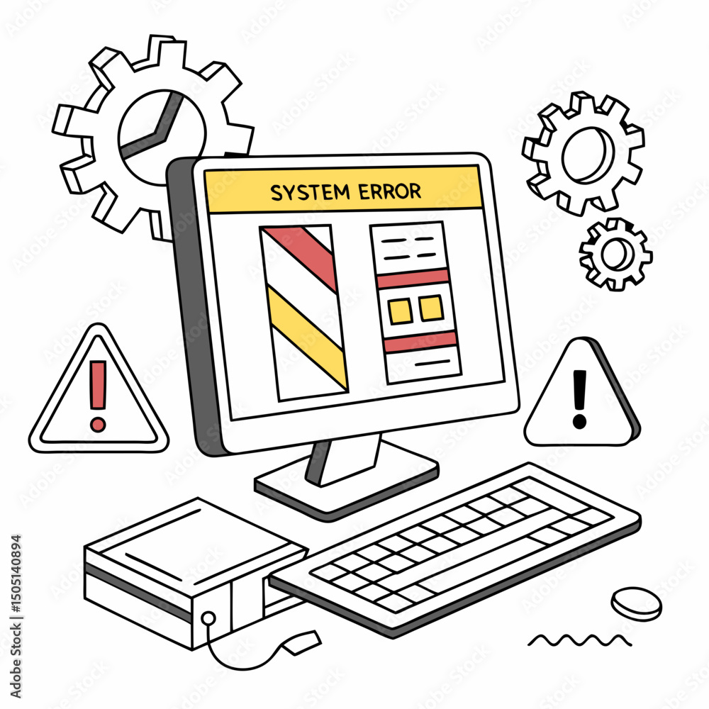 Poster vector illustration of desktop computer showing system error, isolated on white background
