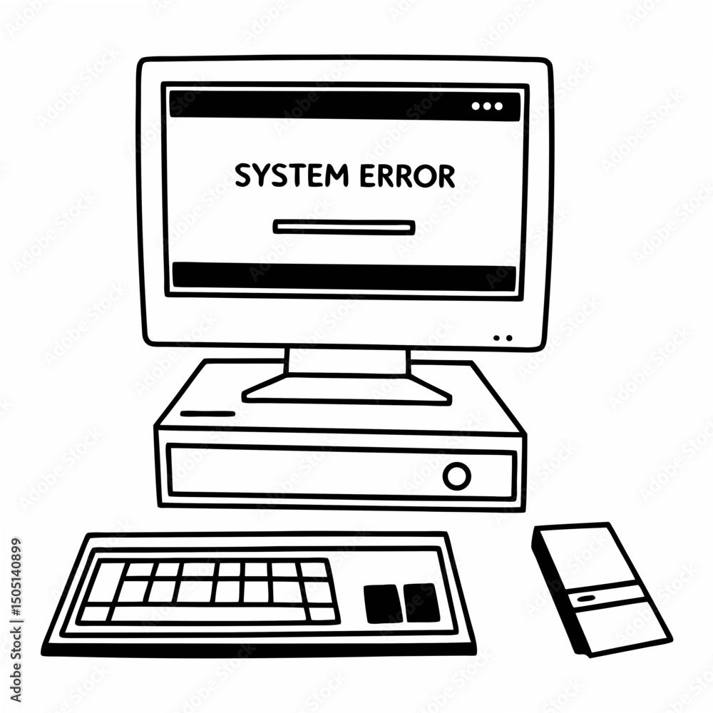 Poster vector illustration of desktop computer showing system error, isolated on white background