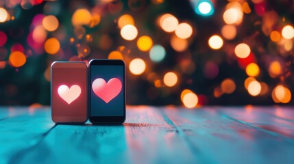 Two smartphones display glowing heart symbols, set against a vibrant bokeh background, creating a romantic atmosphere during a celebration