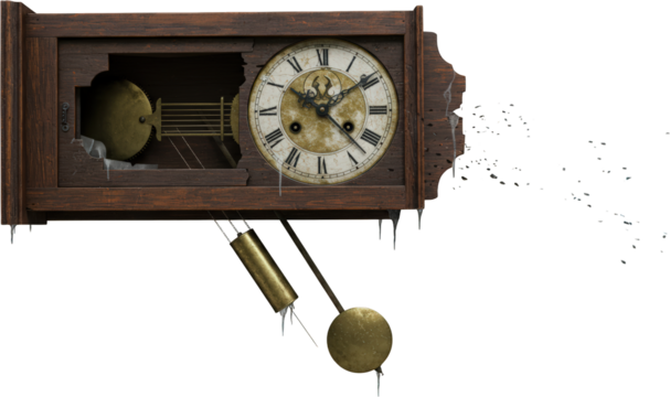 Antique Wooden Wall Clock Frozen in Time Damaged Icicles Winter Broken