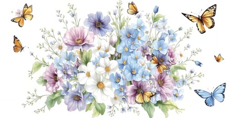 Watercolor Painting of Delicate Spring Flowers and Butterflies A Beautiful Floral Bouquet
