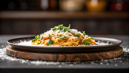 Foodie travel private jet Foodie enjoying travel with private jet style pasta dish topped with cheese and fresh herbs on plate
