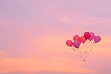 Fototapeta premium Pink Pastel Balloons Floating Against a Vibrant Sunset Sky