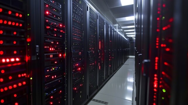 A long view down a server room aisle with glowing red lights on the black server racks on both sides
