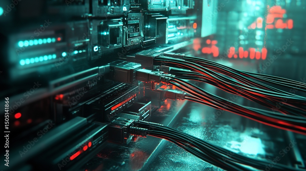 Aufkleber close up view of server rack with cables connected and illuminated by teal and red lighting
