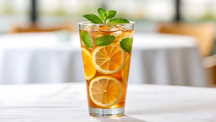 Foodie travel private jet Refreshing iced tea with lemon slices and mint leaves served private jet setting for foodie travel