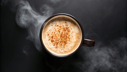 Foodie travel private jet Steaming hot coffee cup with frothy milk and cinnamon top perfect for foodie travel and private jet