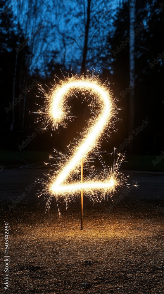 Poster glowing number two created with sparklers against a dark background. the bright sparks create a fest