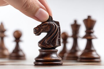 Hand moving a chess piece, focus on the hand and board, close-up view of the knight piece being set by a human finger on a black wood-colored board. White figures in the background. 