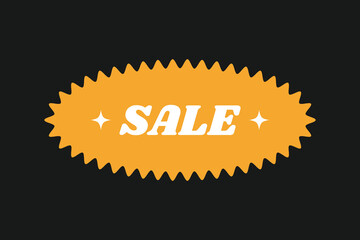 Black background sale sticker with orange burst shape and white text.