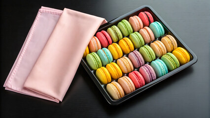 Foodie travel private jet Colorful macarons in tray with pink napkin create foodie travel vibe perfect for private jet snack