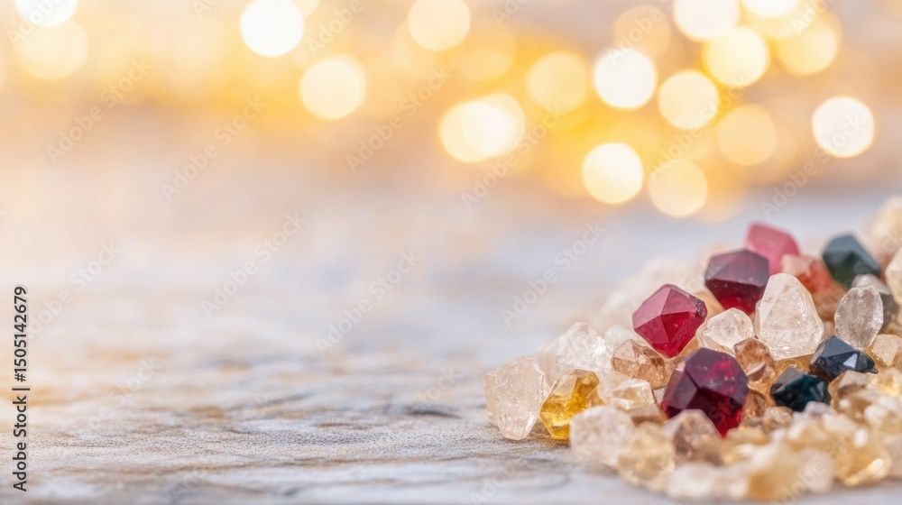 Poster a collection of various gemstones is spread on a smooth surface, illuminated by soft glowing lights 