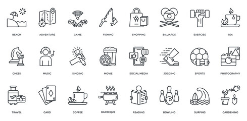Free Time icon set. Containing beach, adventure, game, fishing, shopping, music, movie, travel, sports. Outline style