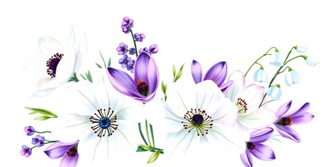 Delicate Spring Flowers Bouquet Illustration White and Purple Anemones Crocus and Lily of the Valley