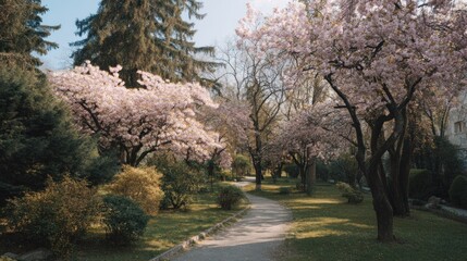 Naklejka premium Blooming cherry trees line a picturesque path through verdant landscape