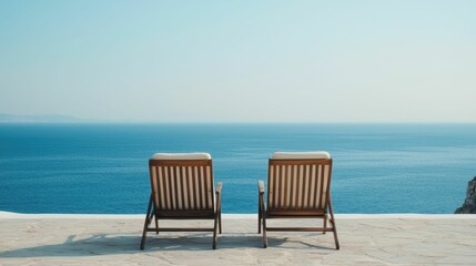 Fototapeta premium Serene Outdoor Retreat A Pair of Comfortable Chairs with Breathtaking Ocean View Symbolizing Tranquility and Connection