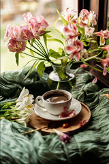 A beautifully arranged coffee moment with a cup, Alstroemeria flowers, and a wooden tray