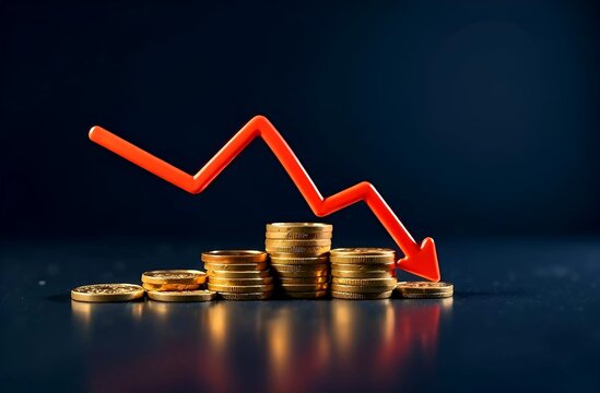 Stock market graph of currency, dollar, cryptocurrency coins chart trending price down trend, digital finance. Cryptocurrency exchange chart, the exchange arrow is going up. minimal background - Powered by Adobe
