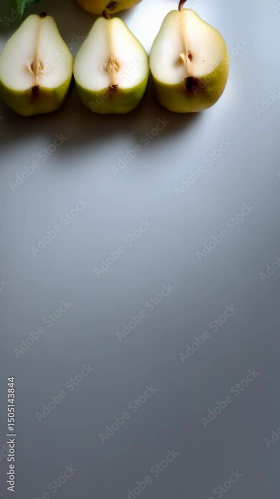 Poster studio shot showcases a whole yellow pear along with three pear halves arranged with leaves on a sim