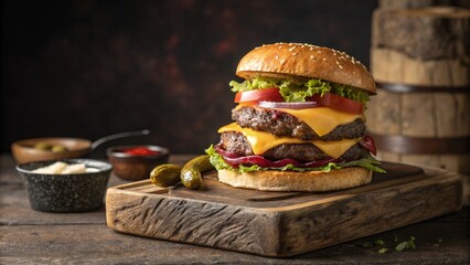 A gourmet hamburger presented as a still life composition, placed on a rustic wooden board or ceramic plate.