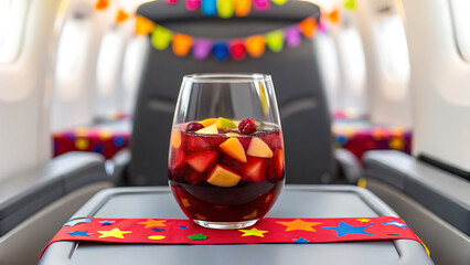 Foodie travel private jet foodie enjoys private jet travel experience with colorful festive drink served in glass on tray table