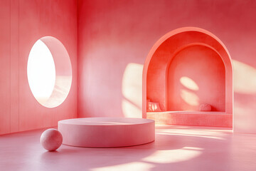 Central circular podium framed by large window cutouts with soft pink backdrop and subtle sphere detail