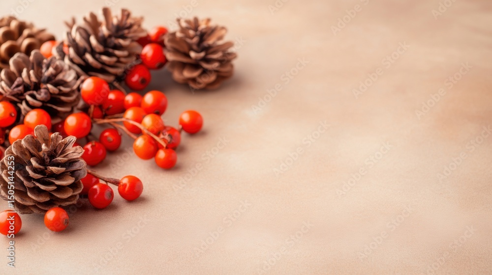 Poster natural elements of pine cones and vibrant red berries are beautifully arranged on a brown textured 