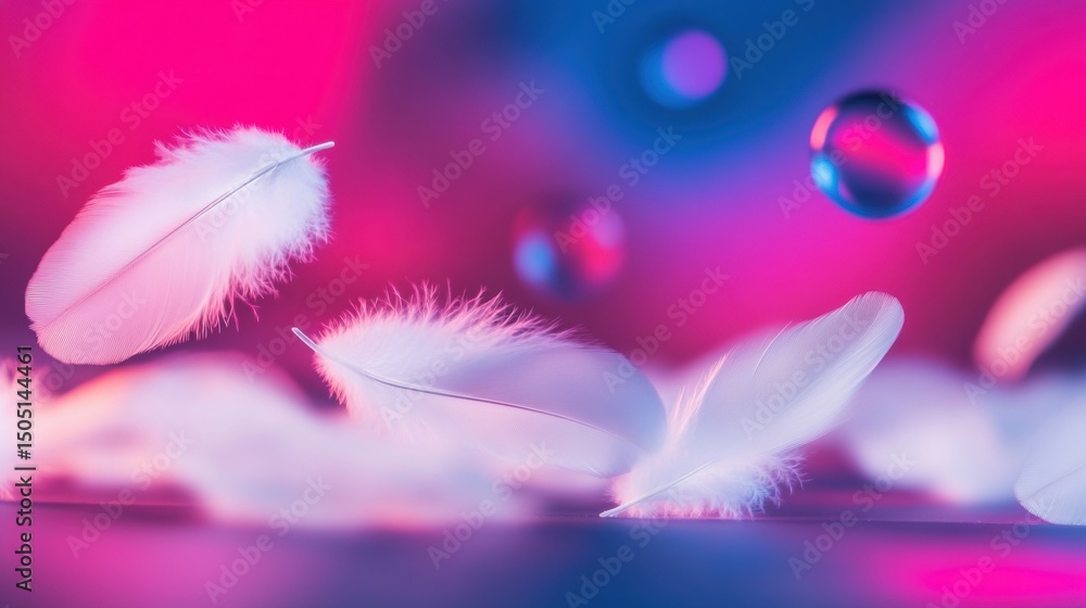 Poster lightly colored feathers hover above a shimmering surface, surrounded by vibrant bubbles and an abst