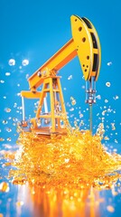 Yellow oil pumpjack amidst a splash of golden oil against a vibrant blue backdrop