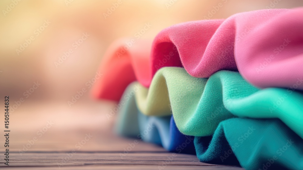 Poster brightly colored fabric is neatly stacked in vibrant folds on a warm wooden surface, creating an inv