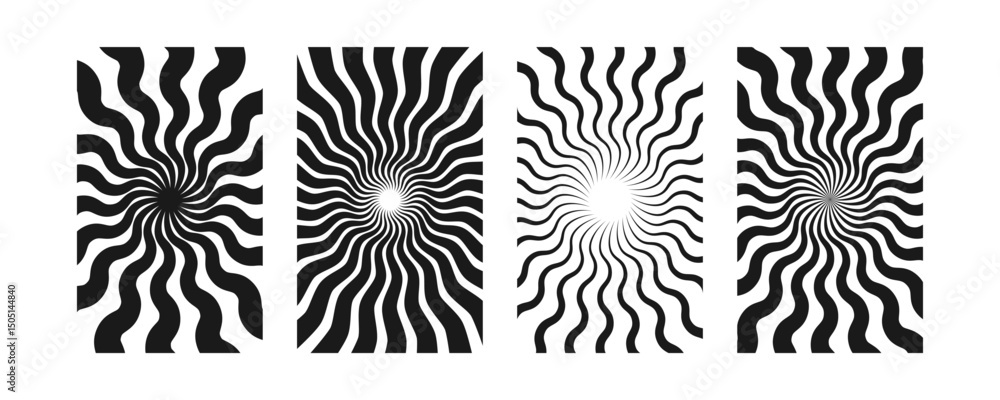 Poster sun rays backgrounds set. wavy rays in groovy style. abstract sun burst poster. psychedelic texture.