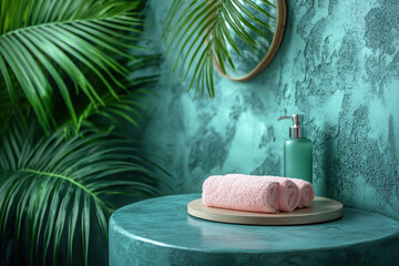 Serene product display with circular podium and palm leaves for spa and beauty items