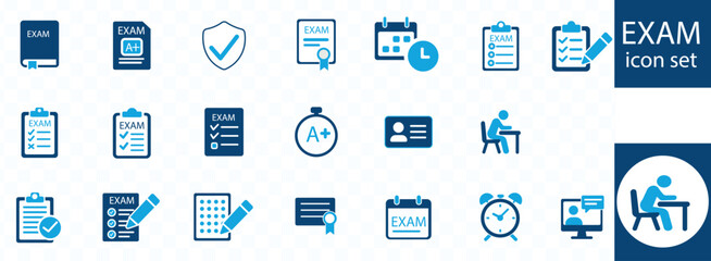 Exam icon set. score, quiz, questionnaire, results, pass, online exam and more