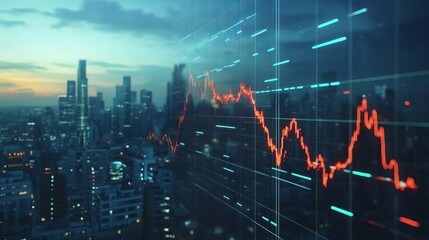 Orange stock market graph overlayed on city skyline at dusk with blue and orange color grading
