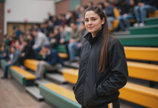 High school point guard standing confidently beside the bleachers - Powered by Adobe