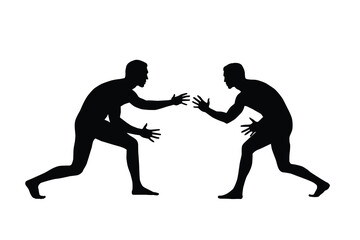 Silhouette of two wrestlers facing off in a ready stance, showing strength, focus, and tension