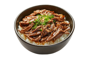 Japanese Gyudon beef rice bowl with sliced meat, green onions, and sesame seeds, in ceramic bowl isolated on white transparent background, concept of Asian cuisine