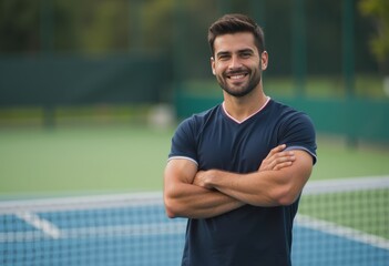 Kids' tennis coach smiling confidently at the net post on the court