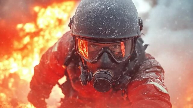 Brave Firefighter in Action: A Dramatic Close-up