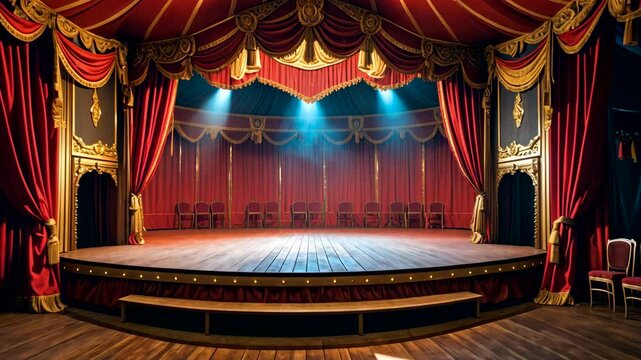 Vintage Theater Stage with Red Curtains and Spotlights