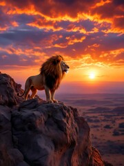 🔹 Majestic Lion at Sunset 🔹
This stunning wildlife artwork captures the proud stance of a lion on a cliff, bathed in the golden glow of a breathtaking African sunset. The image AI-generated image