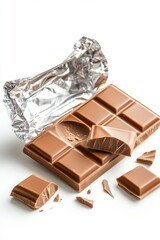 Delicious Milk Chocolate Bar Unwrapped Showing Piece Broken Off Against White Background Studio Shot
