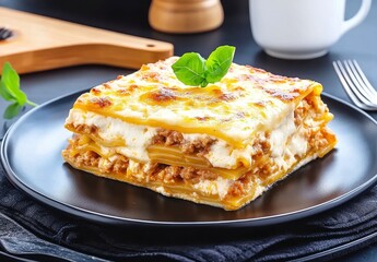 Delicious Lasagna Layered Slice With Basil Garnish On A Dark Plate Ready To Serve And Eat Meal