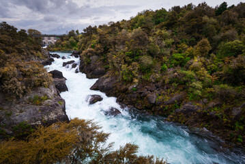 Aratiatia Rapids on the Waikato River in New Zealand after the spill gates of the hydroelectric dam at the top of the narrow gorge have been opened.