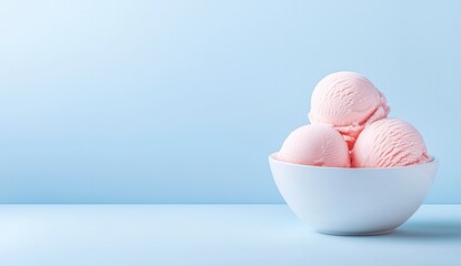 Delicious Pink Ice Cream Scoops in a White Bowl on Light Blue Background Sweet Dessert Still Life